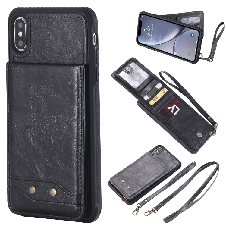 

For iPhone XS Max Vertical Flip Shockproof Leather Protective Case with Long Rope, Support Card Slots & Bracket & Photo Holder & Wallet Function(Black)