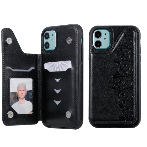 

For iPhone 11 Six Cats Embossing Pattern Protective Case with Holder & Card Slots & Photo Frame(Black)