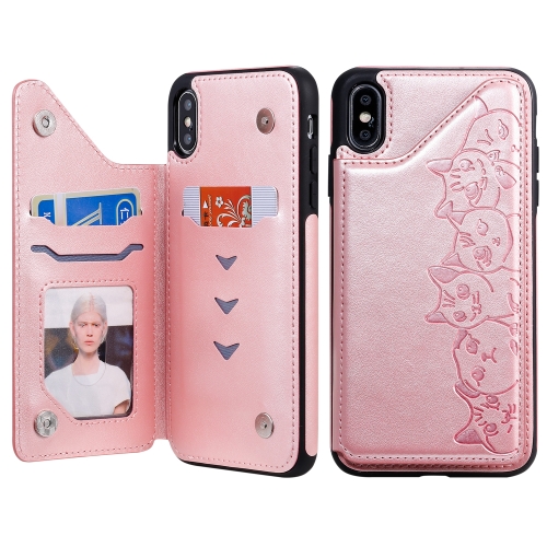 

For iPhone XS Max Six Cats Embossing Pattern Protective Case with Holder & Card Slots & Photo Frame(Rose Gold)