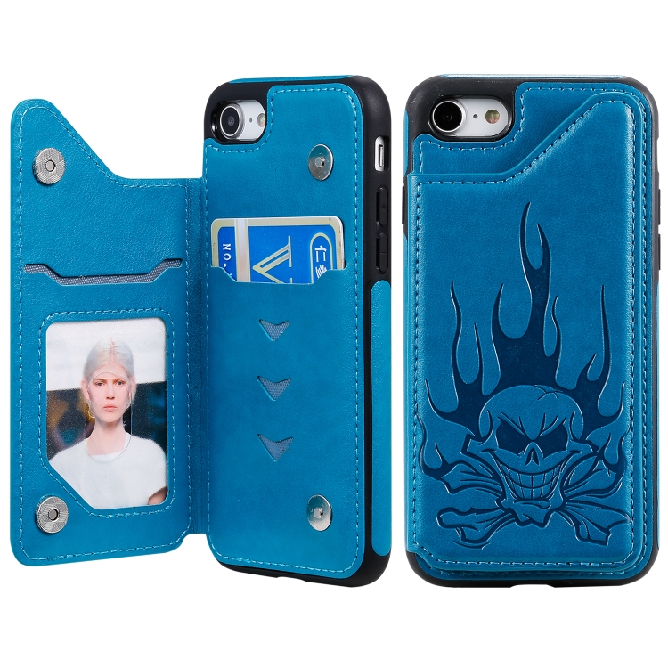 

For iPhone SE 2020 / 8 / 7 Skull Head Embossing Pattern Shockproof Protective Case with Holder & Card Slots & Wallet(Blue)