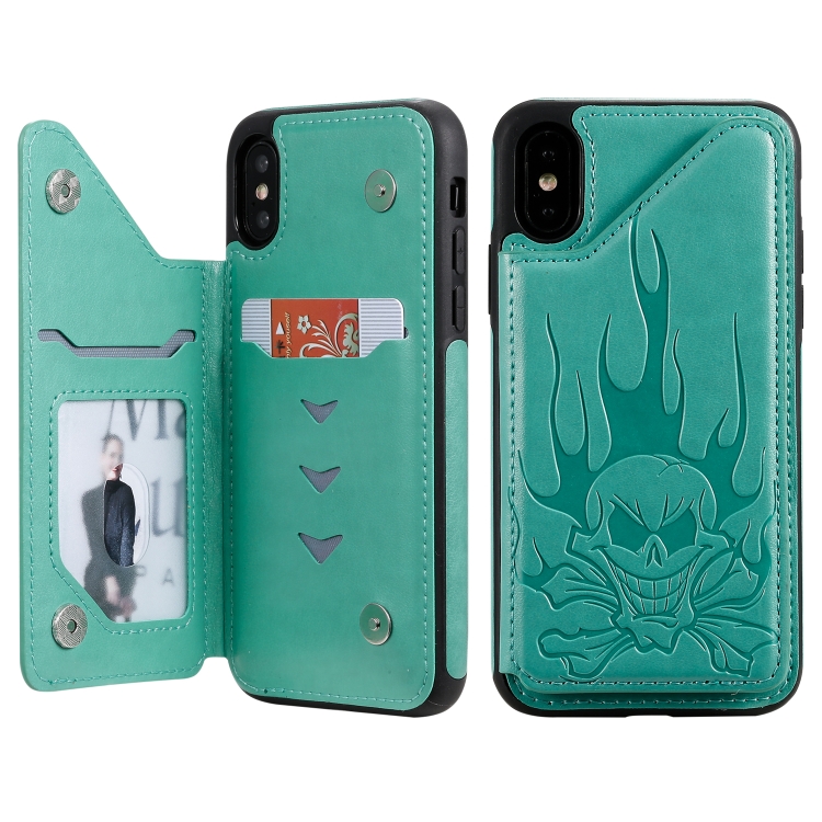 

For iPhone XS Max Skull Head Embossing Pattern Shockproof Protective Case with Holder & Card Slots & Wallet(Green)