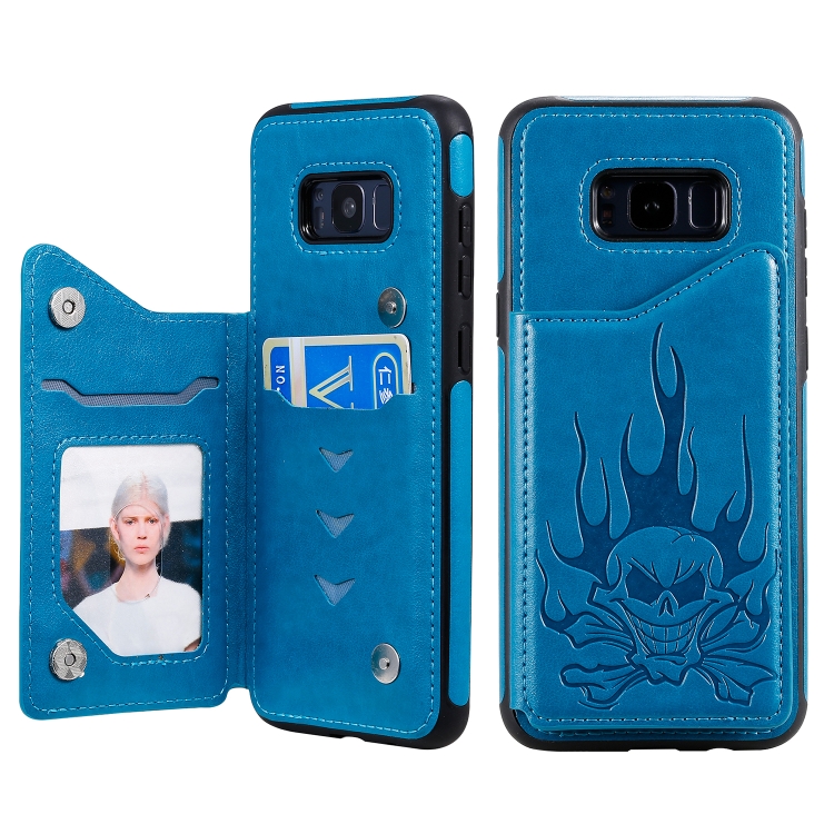 

For Galaxy S8+ Skull Head Embossing Pattern Shockproof Protective Case with Holder & Card Slots & Wallet(Blue)