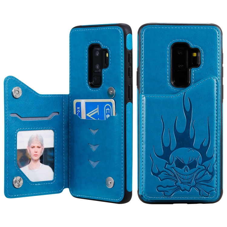 

For Galaxy S9+ Skull Head Embossing Pattern Shockproof Protective Case with Holder & Card Slots & Wallet(Blue)