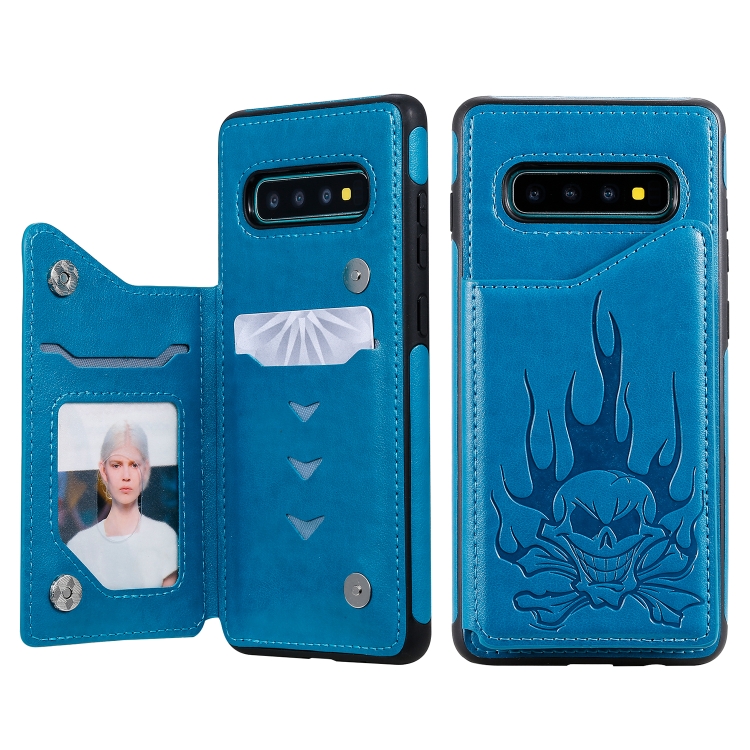 

For Galaxy S10+ Skull Head Embossing Pattern Shockproof Protective Case with Holder & Card Slots & Wallet(Blue)