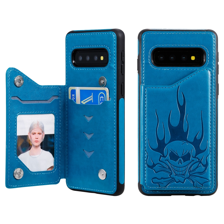 

For Galaxy S10 Skull Head Embossing Pattern Shockproof Protective Case with Holder & Card Slots & Wallet(Blue)