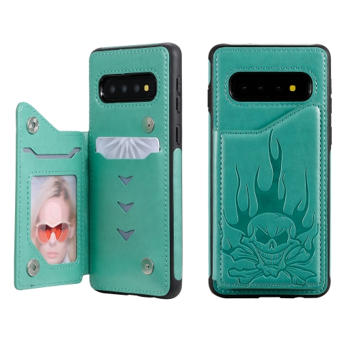 

For Galaxy S10 Skull Head Embossing Pattern Shockproof Protective Case with Holder & Card Slots & Wallet(Green)