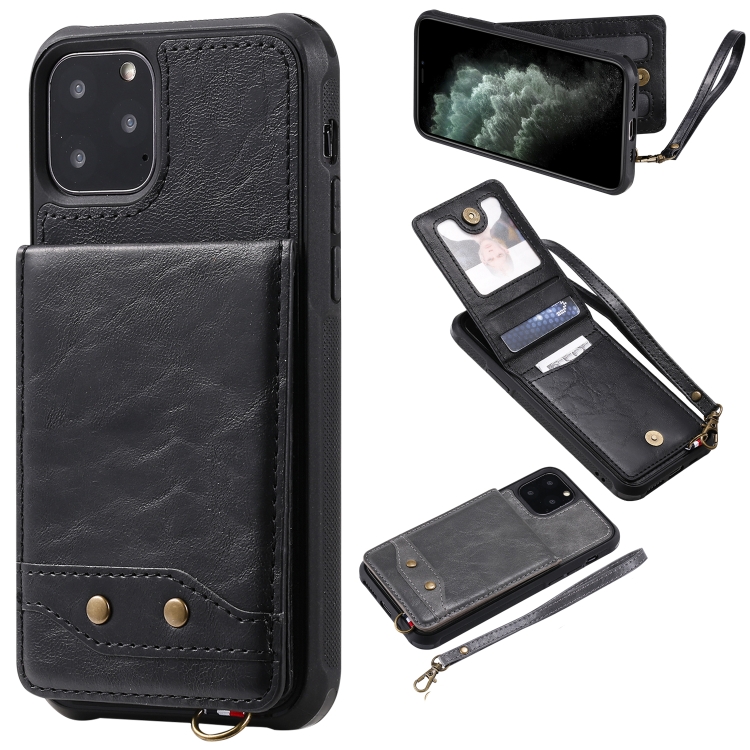 

For iPhone 11 Pro Vertical Flip Shockproof Leather Protective Case with Short Rope, Support Card Slots & Bracket & Photo Holder & Wallet Function(Black)