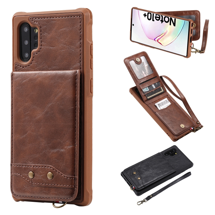

For Galaxy Note 10+ Vertical Flip Shockproof Leather Protective Case with Short Rope, Support Card Slots & Bracket & Photo Holder & Wallet Function(Coffee)