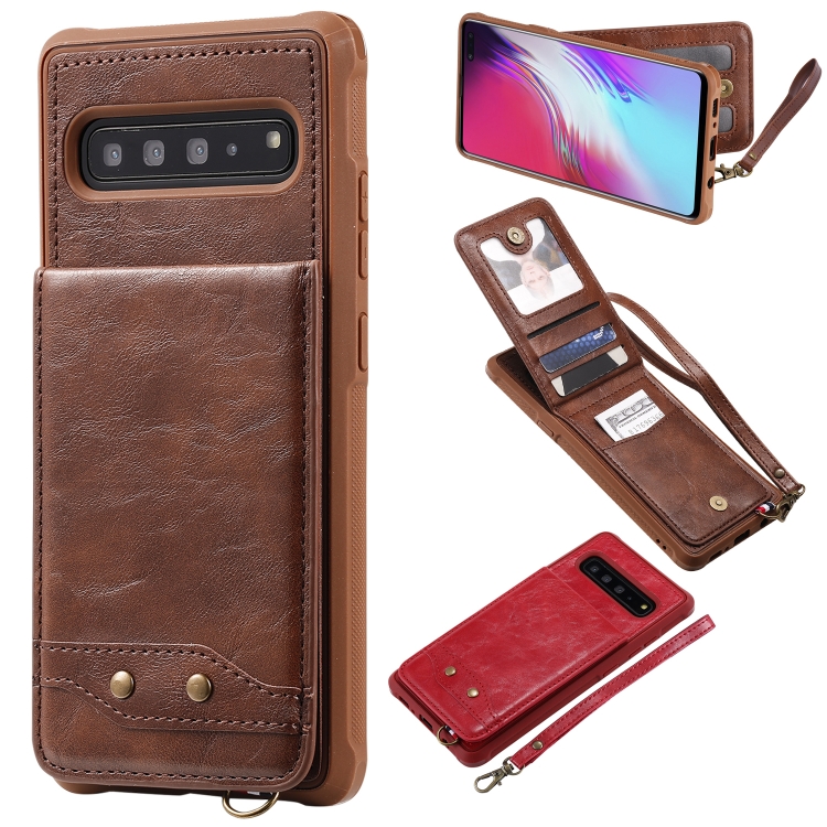 

For Galaxy S10 5G Vertical Flip Shockproof Leather Protective Case with Short Rope, Support Card Slots & Bracket & Photo Holder & Wallet Function(Coffee)