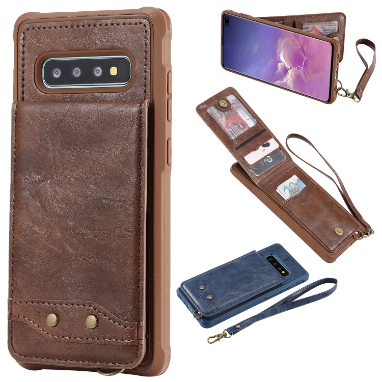 

For Galaxy S10+ Vertical Flip Shockproof Leather Protective Case with Short Rope, Support Card Slots & Bracket & Photo Holder & Wallet Function(Coffee)