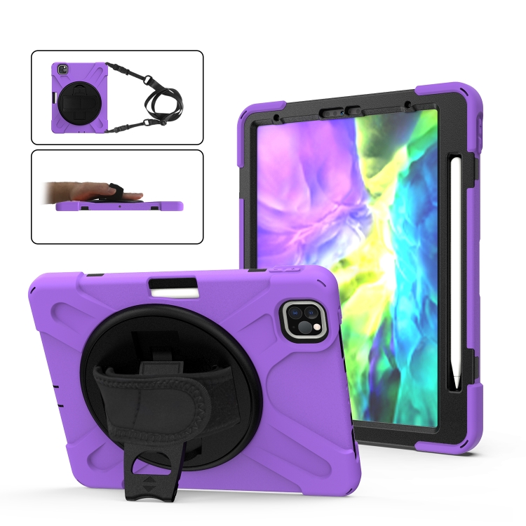 

For iPad Pro 12.9 (2020/2018) 360 Degree Rotation Silicone Protective Cover with Holder & Hand Strap & Long Strap & Pencil Slot(Purple)