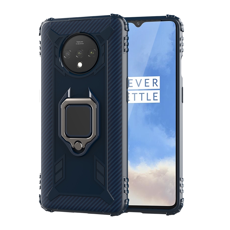

For OnePlus 7T Carbon Fiber Protective Case with 360 Degree Rotating Ring Holder(Blue)
