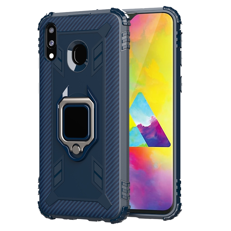 

For Galaxy M20 Carbon Fiber Protective Case with 360 Degree Rotating Ring Holder(Blue)