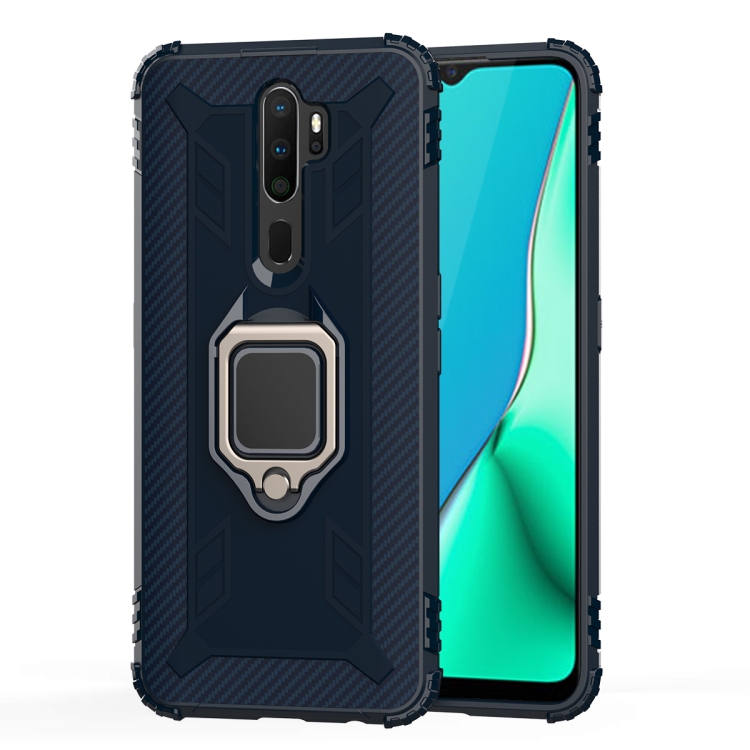 

For OPPO A5(2020) Carbon Fiber Protective Case with 360 Degree Rotating Ring Holder(Blue)