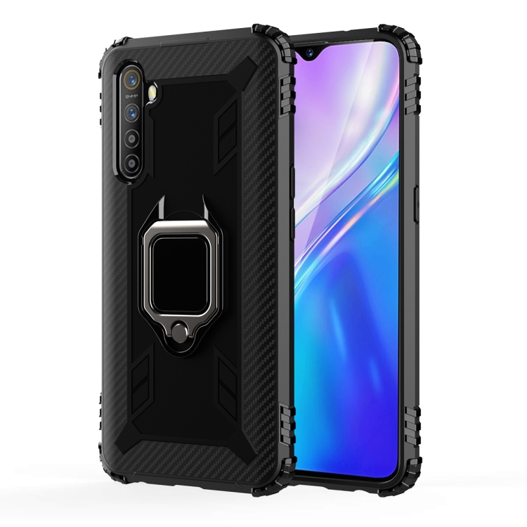 

For OPPO Realme X2 Carbon Fiber Protective Case with 360 Degree Rotating Ring Holder(Black)
