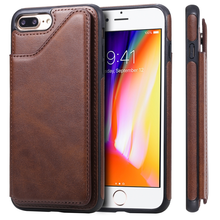

For iPhone 7 Plus / 8 Plus Shockproof Calf Texture Protective Case with Holder & Card Slots & Frame(Coffee)