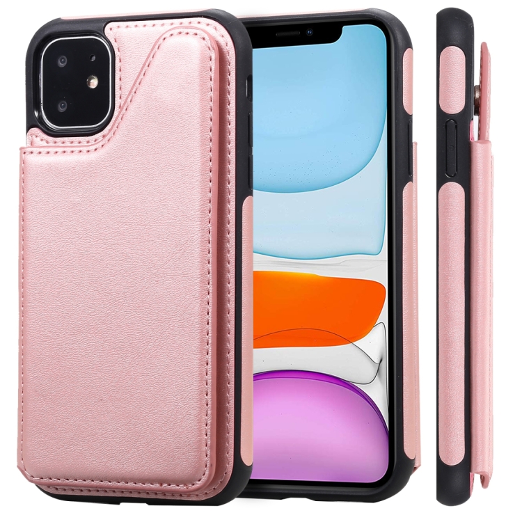 

For iPhone 11 Shockproof Calf Texture Protective Case with Holder & Card Slots & Frame(Rose Gold)