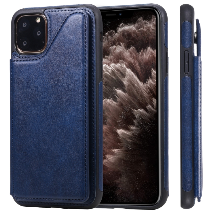 

For iPhone 11 Pro Max Shockproof Calf Texture Protective Case with Holder & Card Slots & Frame(Blue)