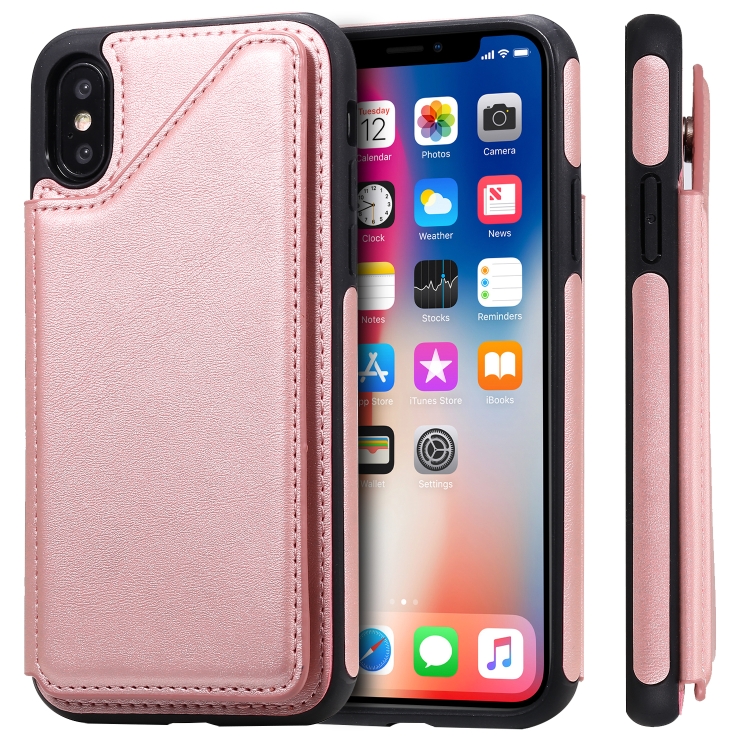 

For iPhone X Shockproof Calf Texture Protective Case with Holder & Card Slots & Frame(Rose Gold)