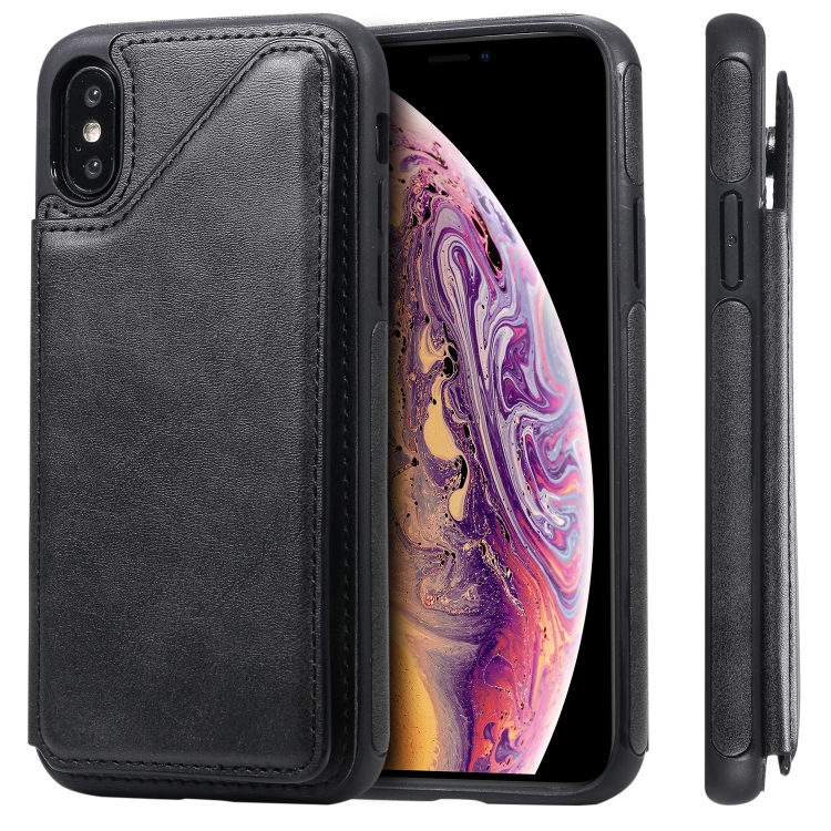 

For iPhone XS Shockproof Calf Texture Protective Case with Holder & Card Slots & Frame(Black)