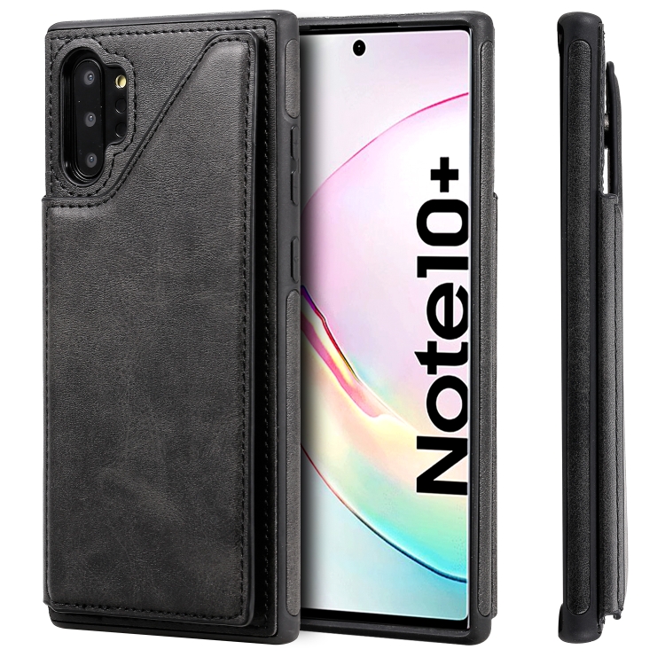 

For Galaxy Note 10+ Shockproof Calf Texture Protective Case with Holder & Card Slots & Frame(Black)