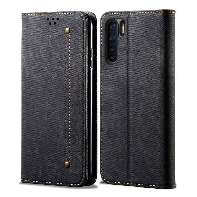 

For OPPO A91 / F15 / Reno 3 Denim Texture Casual Style Horizontal Flip Leather Case with Holder & Card Slots & Wallet(Black)