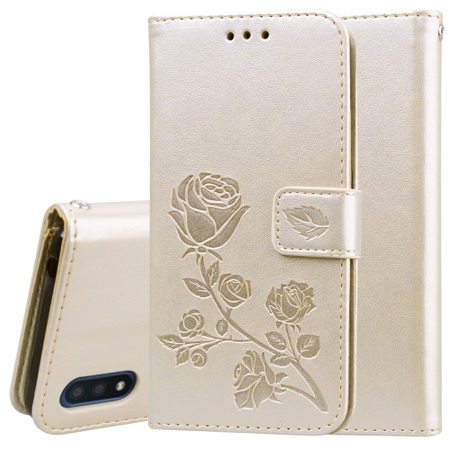 

For Galaxy A01 Rose Embossed Horizontal Flip PU Leather Case with Holder & Card Slots & Wallet(Gold)