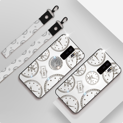 

For Galaxy S9 Plus Fashion Clock Pattern Rhinestone Mobile Phone Shell with Bracket / Hand Rope / Lanyard(White)