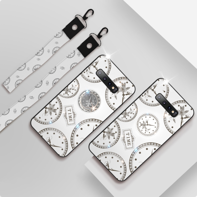 

For Galaxy S10 Fashion Clock Pattern Rhinestone Mobile Phone Shell with Bracket / Hand Rope / Lanyard(White)