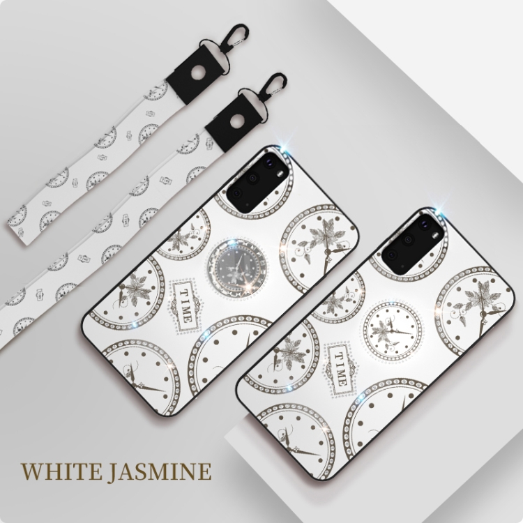

For Galaxy S20 Fashion Clock Pattern Rhinestone Mobile Phone Shell with Bracket / Hand Rope / Lanyard(White)