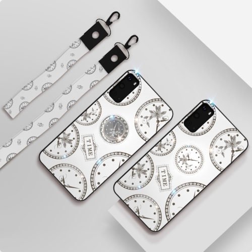 

For Galaxy S20 Plus Fashion Clock Pattern Rhinestone Mobile Phone Shell with Bracket / Hand Rope / Lanyard(White)