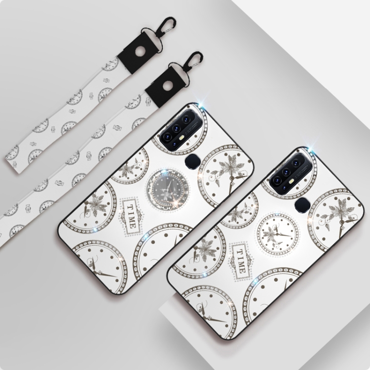 

For Huawei Honor 9A Fashion Clock Pattern Rhinestone Mobile Phone Shell with Bracket & Hand Rope & Lanyard(White)