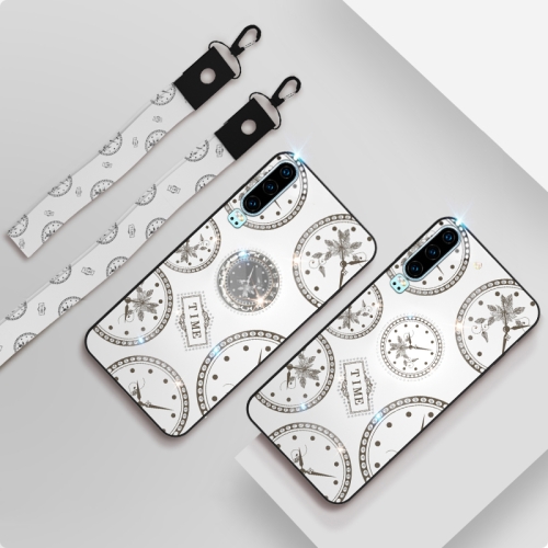 

For Huawei Enjoy 9e Fashion Clock Pattern Rhinestone Mobile Phone Shell with Bracket & Hand Rope & Lanyard(White)