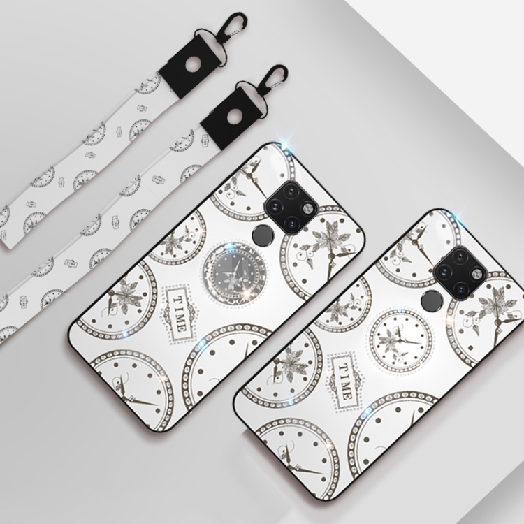 

For Huawei Mate 20 X Fashion Clock Pattern Rhinestone Mobile Phone Shell with Bracket & Hand Rope & Lanyard(White)