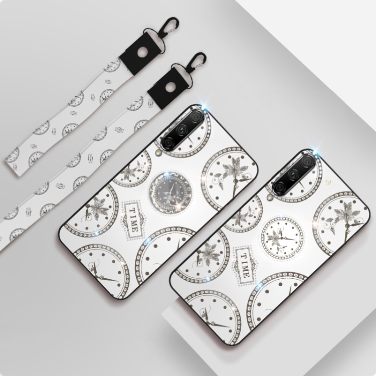 

For Huawei Honor 9X Pro Fashion Clock Pattern Rhinestone Mobile Phone Shell with Bracket & Hand Rope & Lanyard(White)