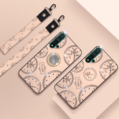 

For Huawei Honor 20 Fashion Clock Pattern Rhinestone Mobile Phone Shell with Bracket & Hand Rope & Lanyard(Gold)