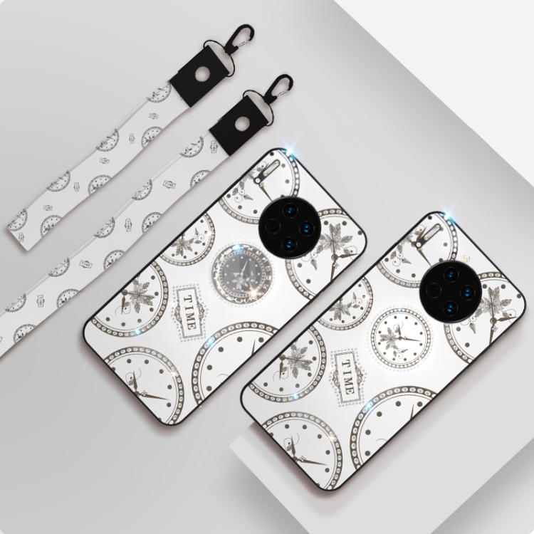 

For Huawei Mate 30 Pro Fashion Clock Pattern Rhinestone Mobile Phone Shell with Bracket & Hand Rope & Lanyard(White)