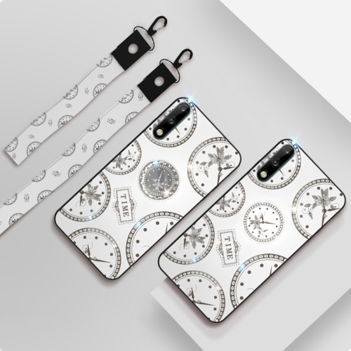 

For Huawei Enjoy 10 Fashion Clock Pattern Rhinestone Mobile Phone Shell with Bracket & Hand Rope & Lanyard(White)