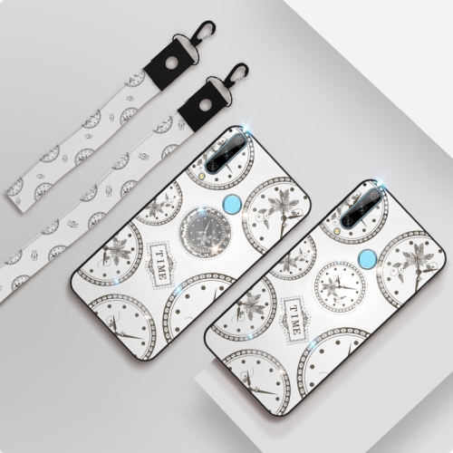 

For Huawei P30 Lite Fashion Clock Pattern Rhinestone Mobile Phone Shell with Bracket & Hand Rope & Lanyard(White)