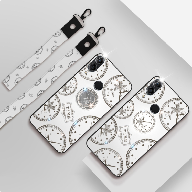 

For Huawei Nova 3i Fashion Clock Pattern Rhinestone Mobile Phone Shell with Bracket & Hand Rope & Lanyard(White)