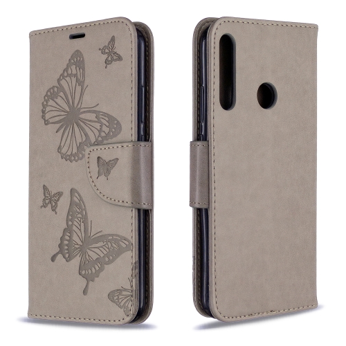 

For Huawei P40 Lite E / Y7P Two Butterflies Embossing Pattern Horizontal Flip Leather Case with Holder & Card Slot & Wallet & Lanyard(Grey)