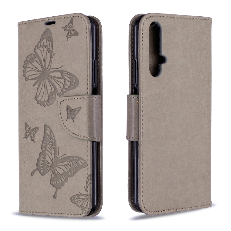 

For Huawei Honor 20S Two Butterflies Embossing Pattern Horizontal Flip Leather Case with Holder & Card Slot & Wallet & Lanyard(Grey)