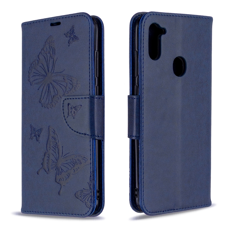 

For Galaxy A11 Two Butterflies Embossing Pattern Horizontal Flip Leather Case with Holder & Card Slot & Wallet & Lanyard(Dark Blue)