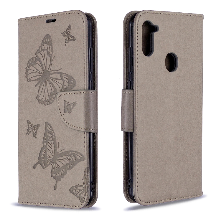 

For Galaxy A11 Two Butterflies Embossing Pattern Horizontal Flip Leather Case with Holder & Card Slot & Wallet & Lanyard(Grey)