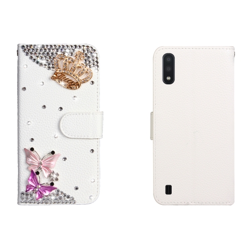 

For Galaxy A01 Horizontal Flip Solid Color Rhinestones Leather Case with Card Slot & Wallet & Holder(Crown Butterfly)