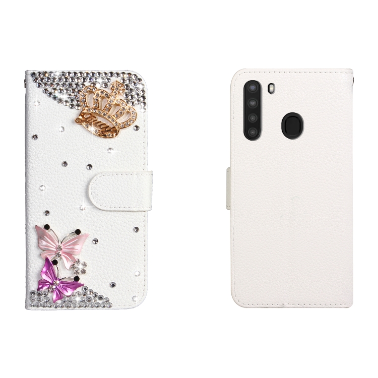 

For Galaxy A21 Horizontal Flip Solid Color Rhinestones Leather Case with Card Slot & Wallet & Holder(Crown Butterfly)