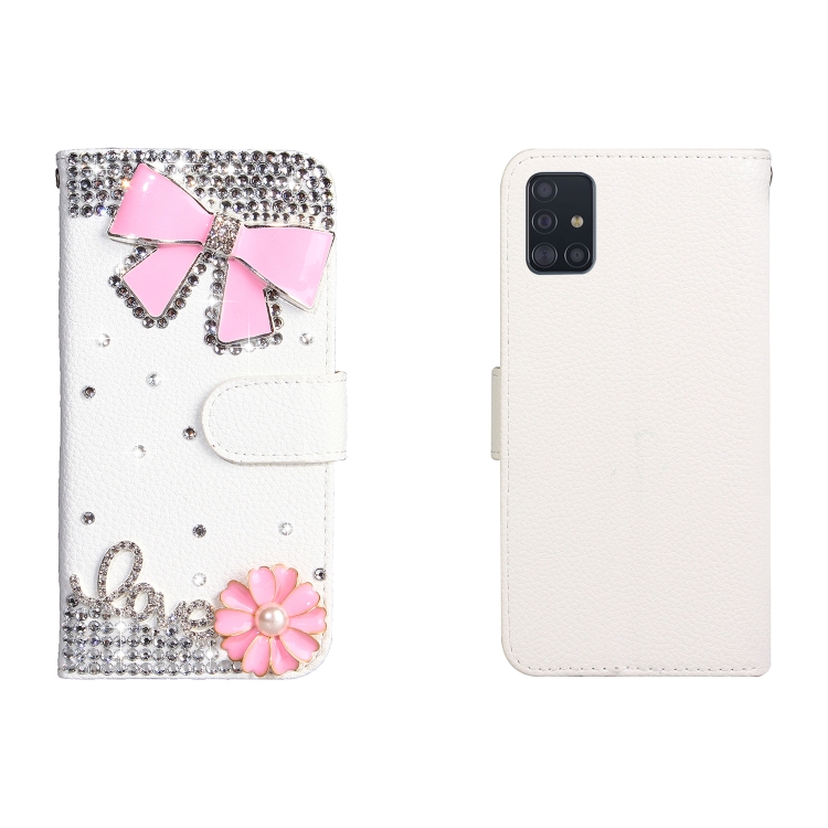 

For Galaxy A51 Horizontal Flip Solid Color Rhinestones Leather Case with Card Slot & Wallet & Holder(Pink Bow)