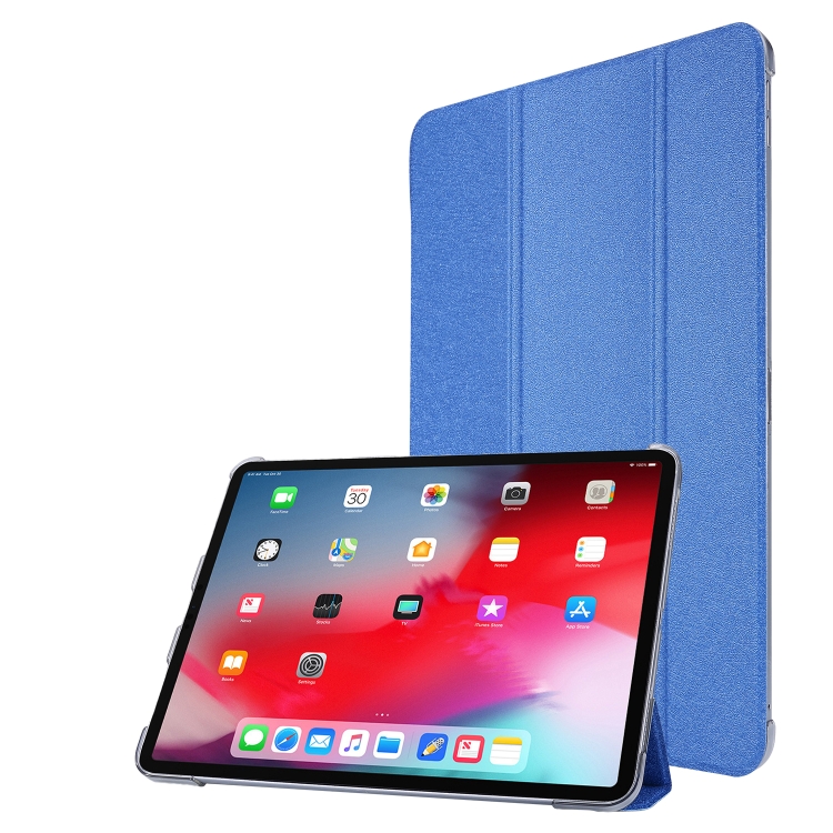 

For iPad Pro 12.9 (2020) TPU Silk Texture Three-fold Horizontal Flip Leather Case with Holder(Blue)
