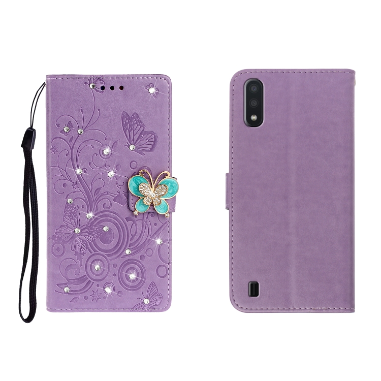 

For Galaxy A01 Horizontal Rhinestone Butterfly Embossed Leather Case with Card Slot & Wallet & Holder(Purple)