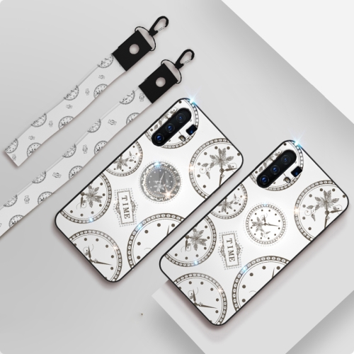 

For Vivo X30 Fashion Clock Pattern Rhinestone Mobile Phone Shell with Bracket & Hand Rope & Lanyard(White)